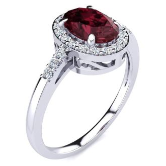 Garnet Ring: Garnet Jewelry: 1 Carat Oval Shape Garnet and Halo Diamond Ring In 14K White Gold
