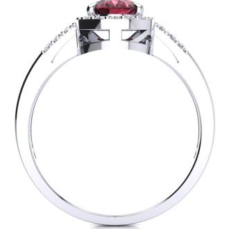 Garnet Ring: Garnet Jewelry: 1 Carat Oval Shape Garnet and Halo Diamond Ring In 14K White Gold