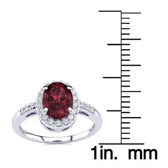 Garnet Ring: Garnet Jewelry: 1 Carat Oval Shape Garnet and Halo Diamond Ring In 14K White Gold