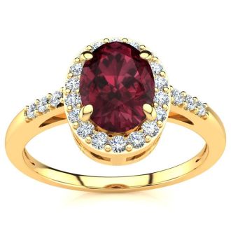 Garnet Ring: Garnet Jewelry: 1 Carat Oval Shape Garnet and Halo Diamond Ring In 14K Yellow Gold