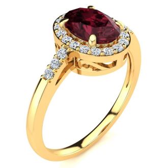 Garnet Ring: Garnet Jewelry: 1 Carat Oval Shape Garnet and Halo Diamond Ring In 14K Yellow Gold