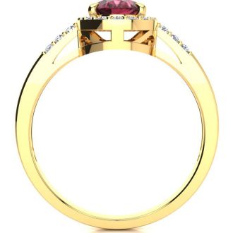 Garnet Ring: Garnet Jewelry: 1 Carat Oval Shape Garnet and Halo Diamond Ring In 14K Yellow Gold