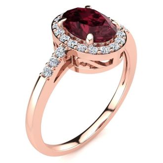 Garnet Ring: Garnet Jewelry: 1 Carat Oval Shape Garnet and Halo Diamond Ring In 14K Rose Gold