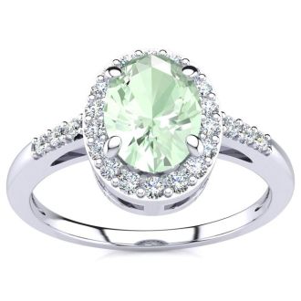 3/4 Carat Oval Shape Green Amethyst and Halo Diamond Ring In 14K White Gold