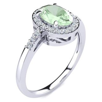 3/4 Carat Oval Shape Green Amethyst and Halo Diamond Ring In 14K White Gold