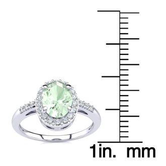 3/4 Carat Oval Shape Green Amethyst and Halo Diamond Ring In 14K White Gold