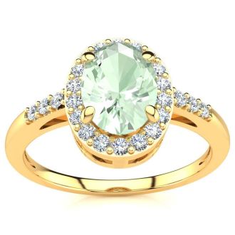 3/4 Carat Oval Shape Green Amethyst and Halo Diamond Ring In 14K Yellow Gold