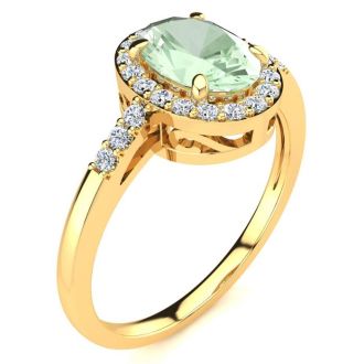 3/4 Carat Oval Shape Green Amethyst and Halo Diamond Ring In 14K Yellow Gold