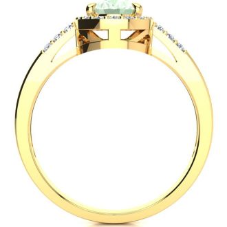 3/4 Carat Oval Shape Green Amethyst and Halo Diamond Ring In 14K Yellow Gold