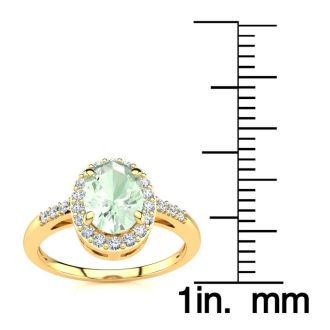 3/4 Carat Oval Shape Green Amethyst and Halo Diamond Ring In 14K Yellow Gold
