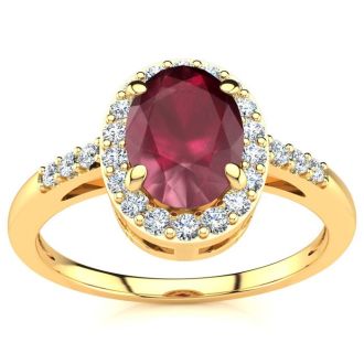 1 Carat Oval Shape Ruby and Halo Diamond Ring In 14K Yellow Gold