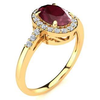 1 Carat Oval Shape Ruby and Halo Diamond Ring In 14K Yellow Gold