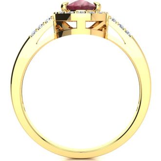 1 Carat Oval Shape Ruby and Halo Diamond Ring In 14K Yellow Gold