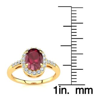 1 Carat Oval Shape Ruby and Halo Diamond Ring In 14K Yellow Gold