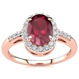 1 Carat Oval Shape Ruby and Halo Diamond Ring In 14K Rose Gold