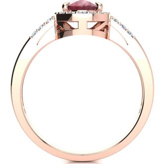 1 Carat Oval Shape Ruby and Halo Diamond Ring In 14K Rose Gold