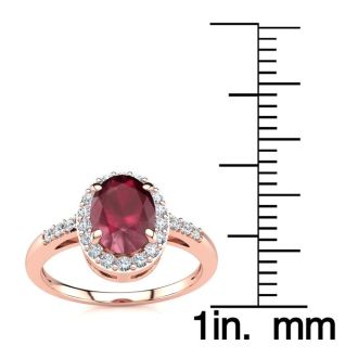 1 Carat Oval Shape Ruby and Halo Diamond Ring In 14K Rose Gold