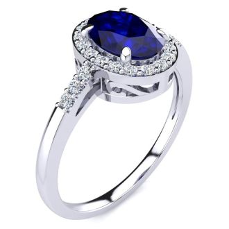 1 Carat Oval Shape Sapphire and Halo Diamond Ring In 14K White Gold