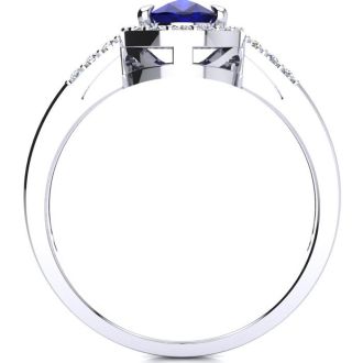 1 Carat Oval Shape Sapphire and Halo Diamond Ring In 14K White Gold