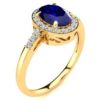 1 Carat Oval Shape Sapphire and Halo Diamond Ring In 14K Yellow Gold