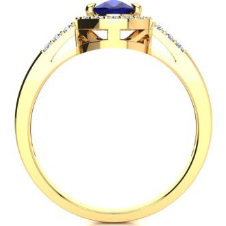 1 Carat Oval Shape Sapphire and Halo Diamond Ring In 14K Yellow Gold