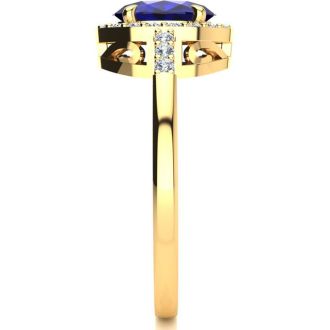 1 Carat Oval Shape Sapphire and Halo Diamond Ring In 14K Yellow Gold