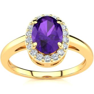 3/4 Carat Oval Shape Amethyst and Halo Diamond Ring In 14K Yellow Gold