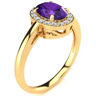 3/4 Carat Oval Shape Amethyst and Halo Diamond Ring In 14K Yellow Gold