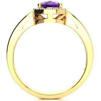 3/4 Carat Oval Shape Amethyst and Halo Diamond Ring In 14K Yellow Gold