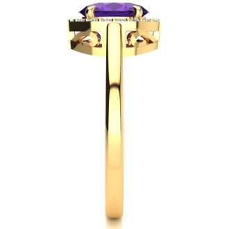 3/4 Carat Oval Shape Amethyst and Halo Diamond Ring In 14K Yellow Gold