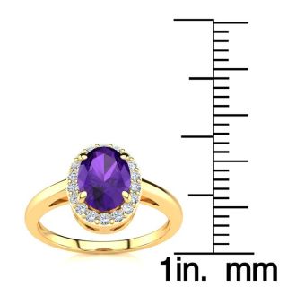 3/4 Carat Oval Shape Amethyst and Halo Diamond Ring In 14K Yellow Gold