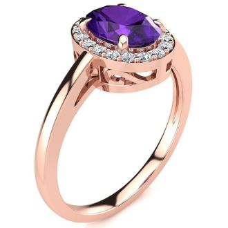 3/4 Carat Oval Shape Amethyst and Halo Diamond Ring In 14K Rose Gold
