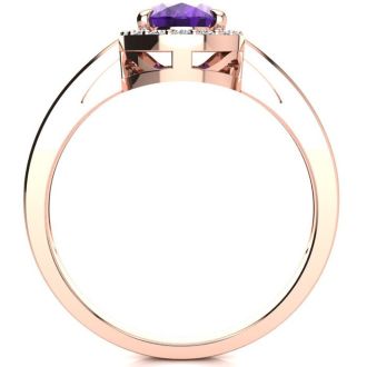 3/4 Carat Oval Shape Amethyst and Halo Diamond Ring In 14K Rose Gold
