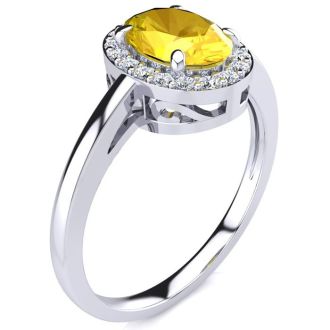 1/2 Carat Oval Shape Citrine and Halo Diamond Ring In 14K White Gold
