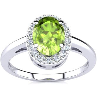 1 Carat Oval Shape Peridot and Halo Diamond Ring In 14K White Gold
