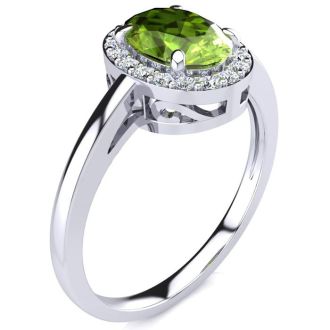 1 Carat Oval Shape Peridot and Halo Diamond Ring In 14K White Gold
