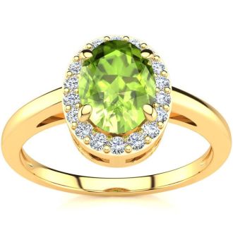 1 Carat Oval Shape Peridot and Halo Diamond Ring In 14K Yellow Gold
