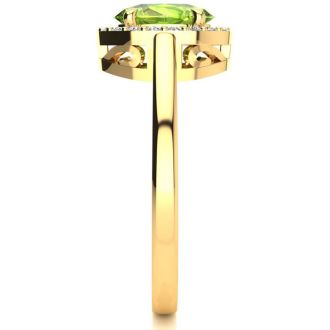 1 Carat Oval Shape Peridot and Halo Diamond Ring In 14K Yellow Gold
