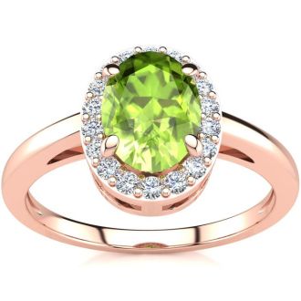 1 Carat Oval Shape Peridot and Halo Diamond Ring In 14K Rose Gold
