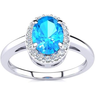 1 Carat Oval Shape Blue Topaz and Halo Diamond Ring In 14K White Gold