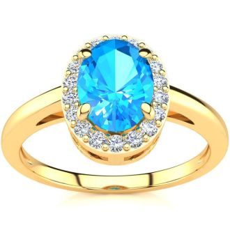 1 Carat Oval Shape Blue Topaz and Halo Diamond Ring In 14K Yellow Gold