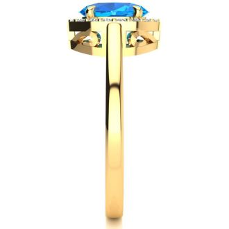 1 Carat Oval Shape Blue Topaz and Halo Diamond Ring In 14K Yellow Gold