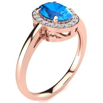 1 Carat Oval Shape Blue Topaz and Halo Diamond Ring In 14K Rose Gold