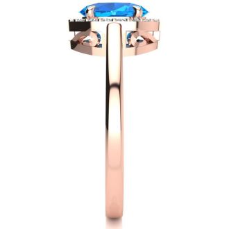 1 Carat Oval Shape Blue Topaz and Halo Diamond Ring In 14K Rose Gold