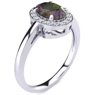 3/4 Carat Oval Shape Mystic Topaz Ring With Diamond Halo In 14 Karat White Gold