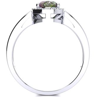 3/4 Carat Oval Shape Mystic Topaz Ring With Diamond Halo In 14 Karat White Gold