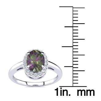 3/4 Carat Oval Shape Mystic Topaz Ring With Diamond Halo In 14 Karat White Gold