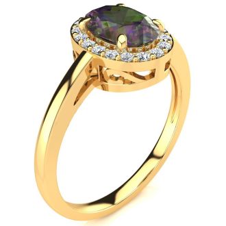 3/4 Carat Oval Shape Mystic Topaz Ring With Diamond Halo In 14 Karat Yellow Gold