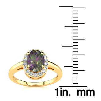 3/4 Carat Oval Shape Mystic Topaz Ring With Diamond Halo In 14 Karat Yellow Gold