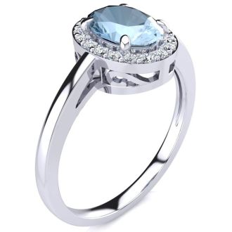 Aquamarine Ring: Aquamarine Jewelry: 1 Carat Oval Shape Aquamarine and Halo Diamond Ring In 14K White Gold